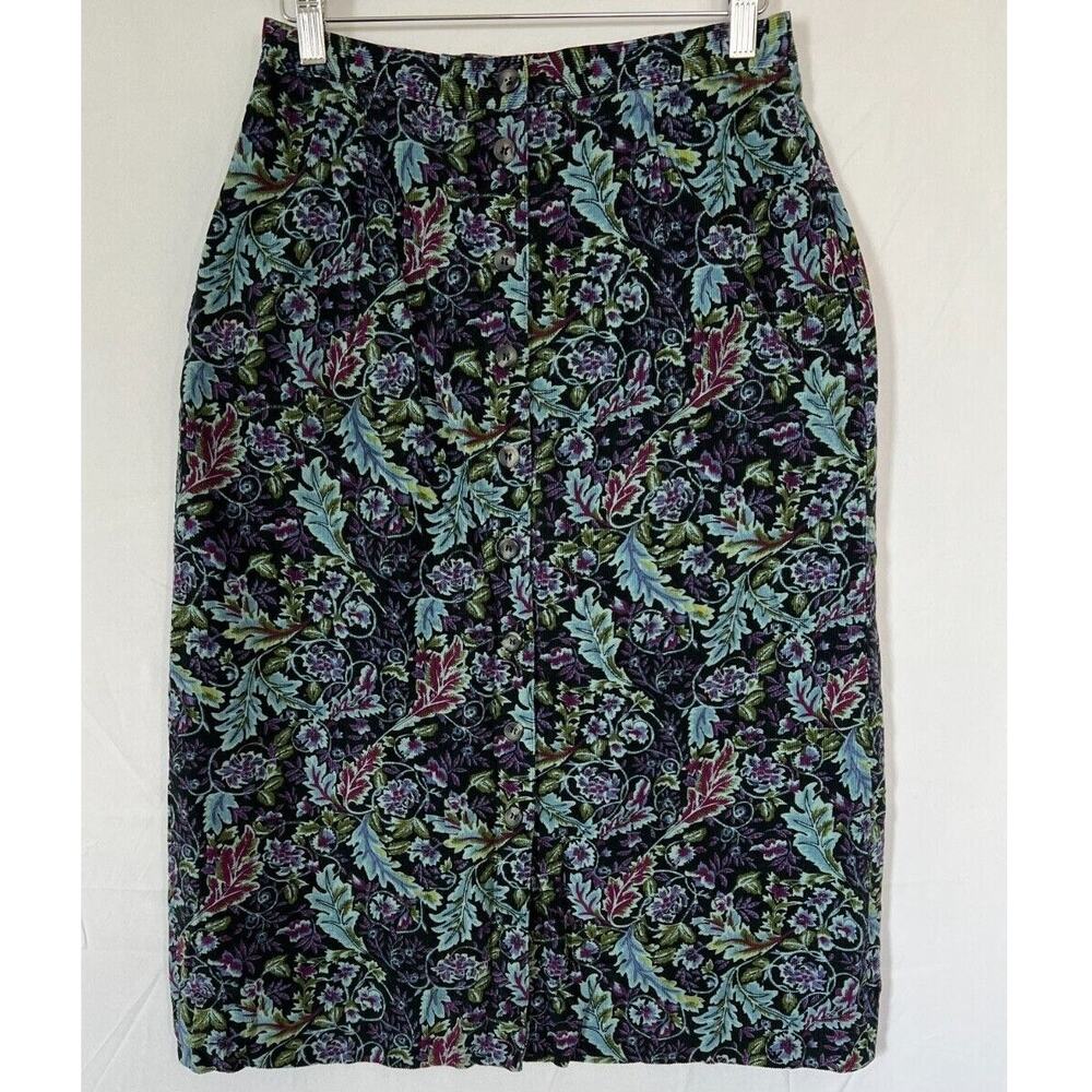 Appleseeds Dark Floral Leaf Corduroy Midi Skirt Womens Size 10P Petite Black
